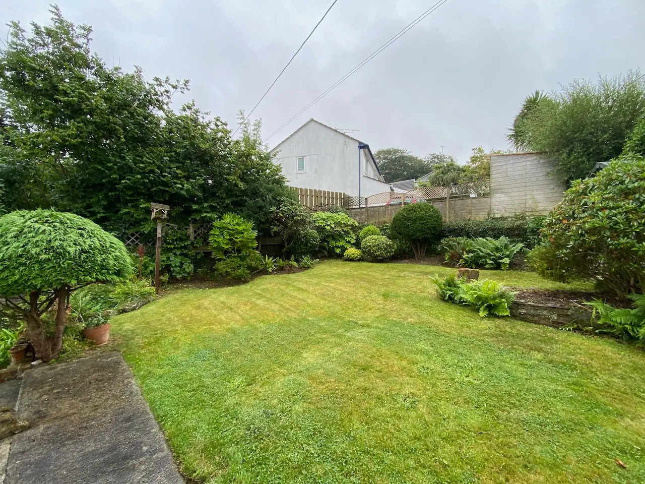 Garden after hedge trimming with a fresh cut lawn