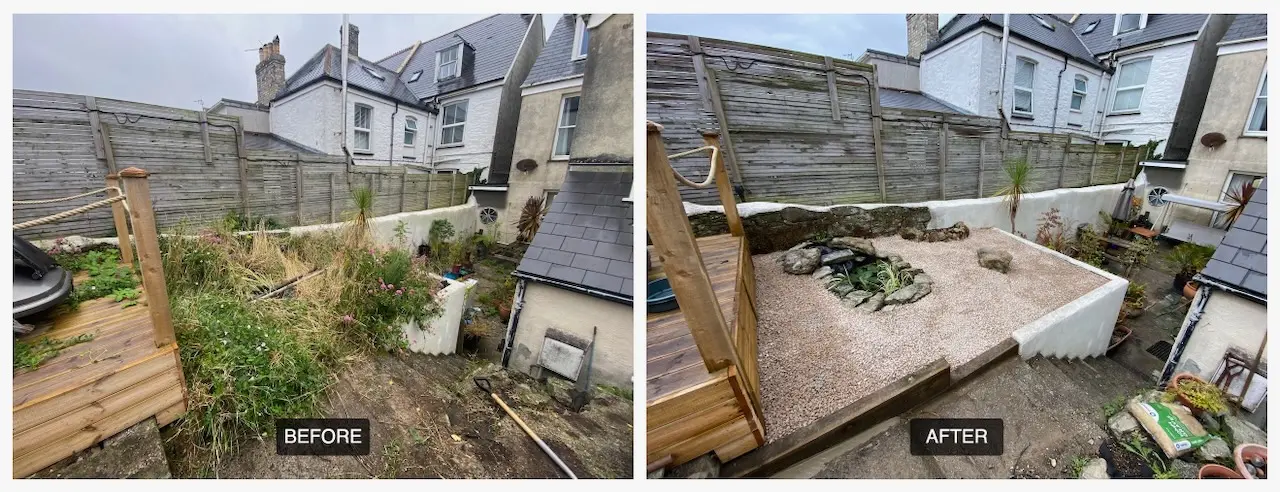 Overgrown weeds to nice gravel garden with a water feature