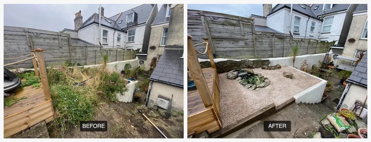 Overgrown weeds to nice gravel garden with a water feature